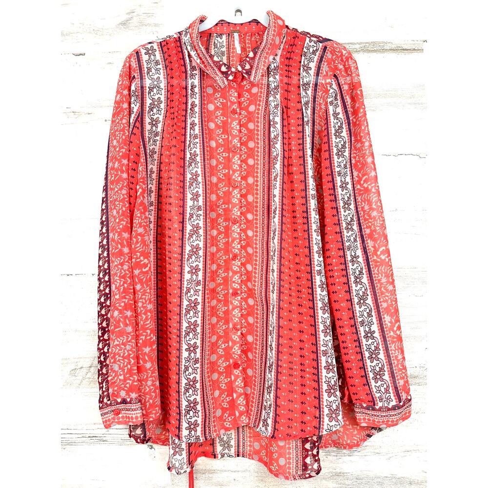 Free People Womens M Hot Coral Moonlight Mile Tunic Boho Beachy Chic Shirt